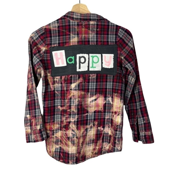 Vintage Havana Red Plaid Bleach Dyed Button Down Flannel Happy Patch Back S - Picture 2 of 4